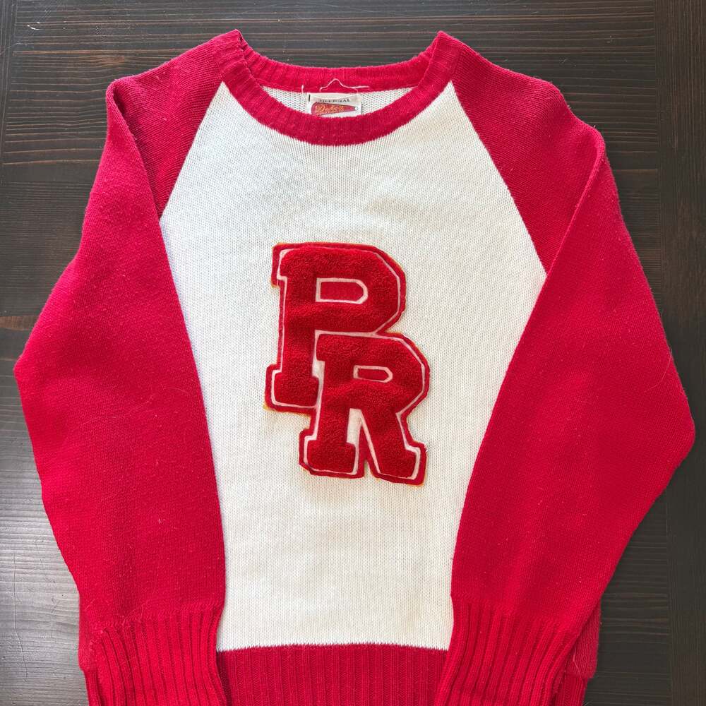Vintage‎ Red White Varsity Letterman 1970s Class Sweater with 'PR' School Patch